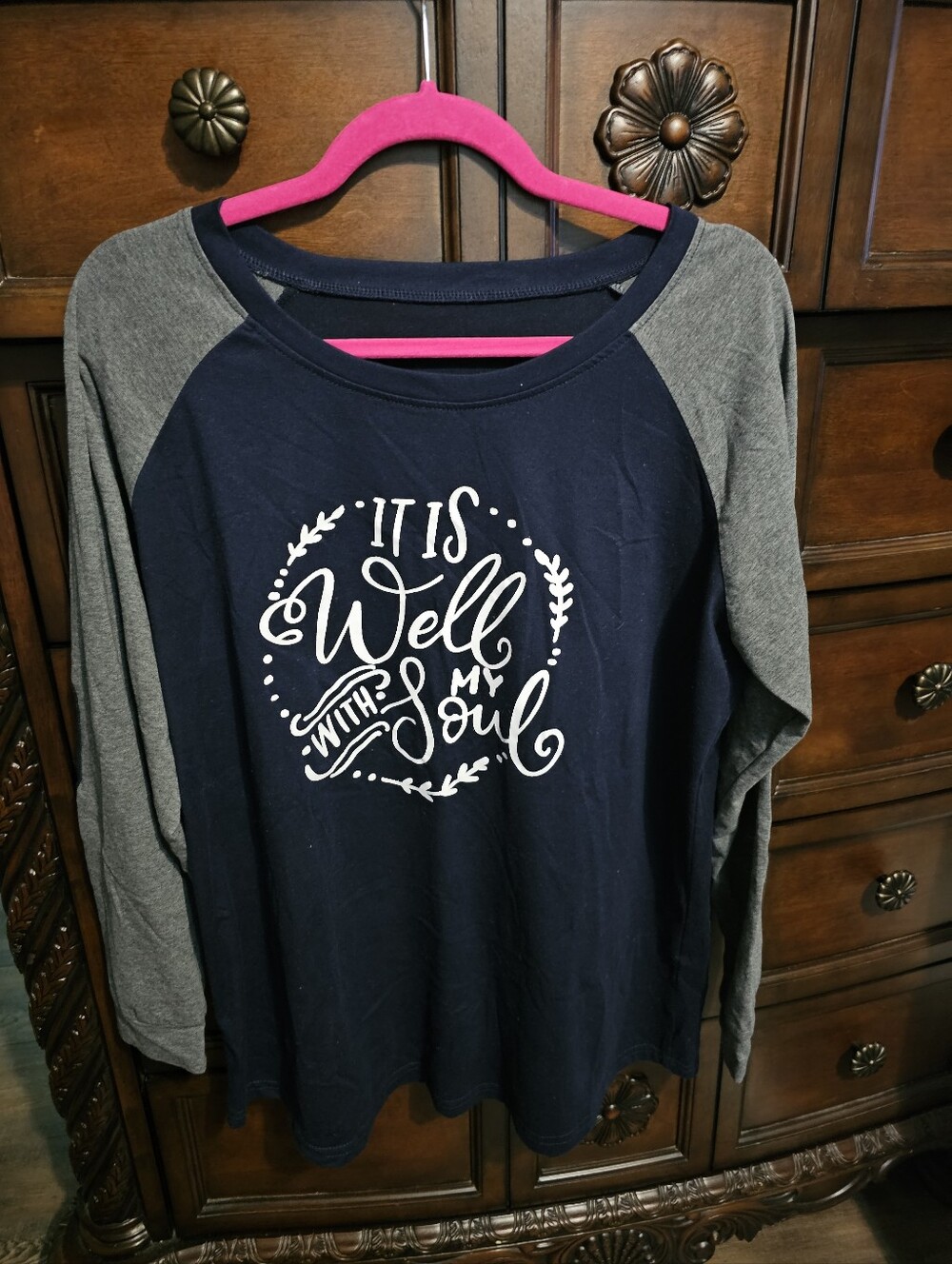 New Navy and Gray Raglan Graphic Tee - "It Is Well With My Soul" Size XL